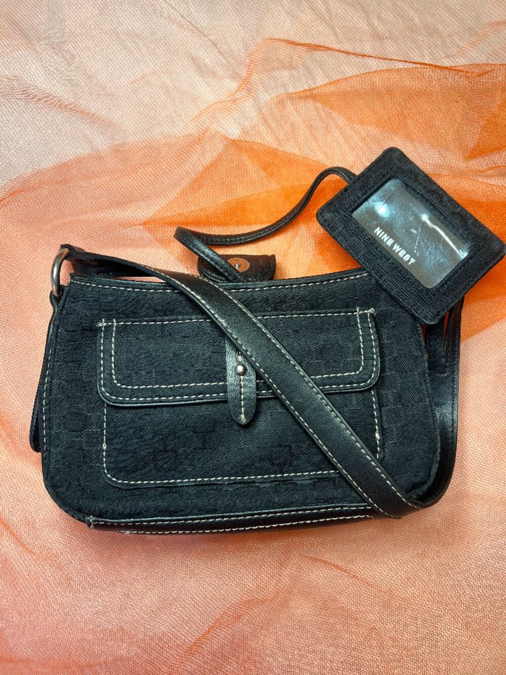 Vintage Nine West Y2K Black Monogram Shoulder Bag with Matching Hanging Mirror